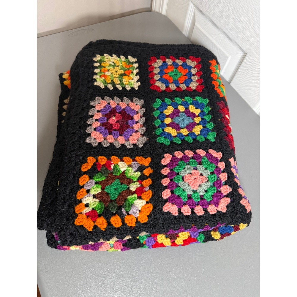 VTG Handmade Crochet Granny Square Blanket Multi-Color Black Boho Throw 72x64